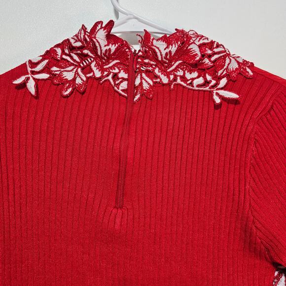 Venus Sweater Y2K Large Red White 3D Floral Appliqué Lace Stretch Women's Sz Med - Picture 6 of 9